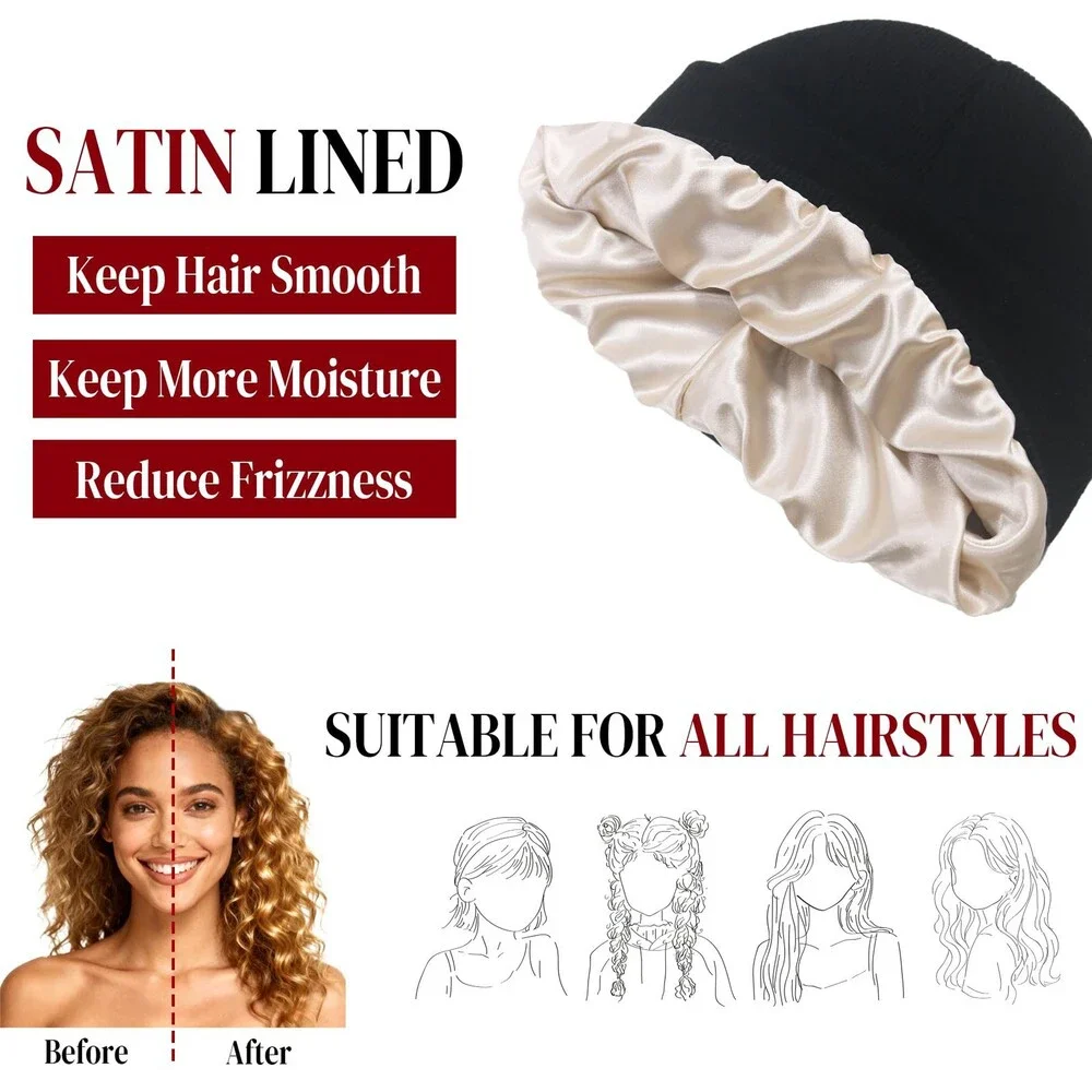 PFFY Women's 2 Packs Satin Lined Beanie Hat Silk Lining Winter Hats Beanies OS